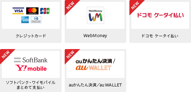 クレジットカード、WebMoney、ドコモ ケータイ払い、ソフトバンク・ワイモバイルまとめて支払い、auかんたん決済／au WALLET