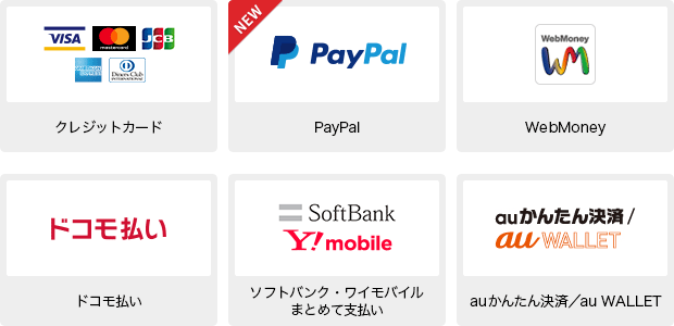 クレジットカード、PayPal、WebMoney、ドコモ払い、auかんたん決済／au WALLET、ソフトバンクまとめて支払い／ワイモバイルまとめて支払い